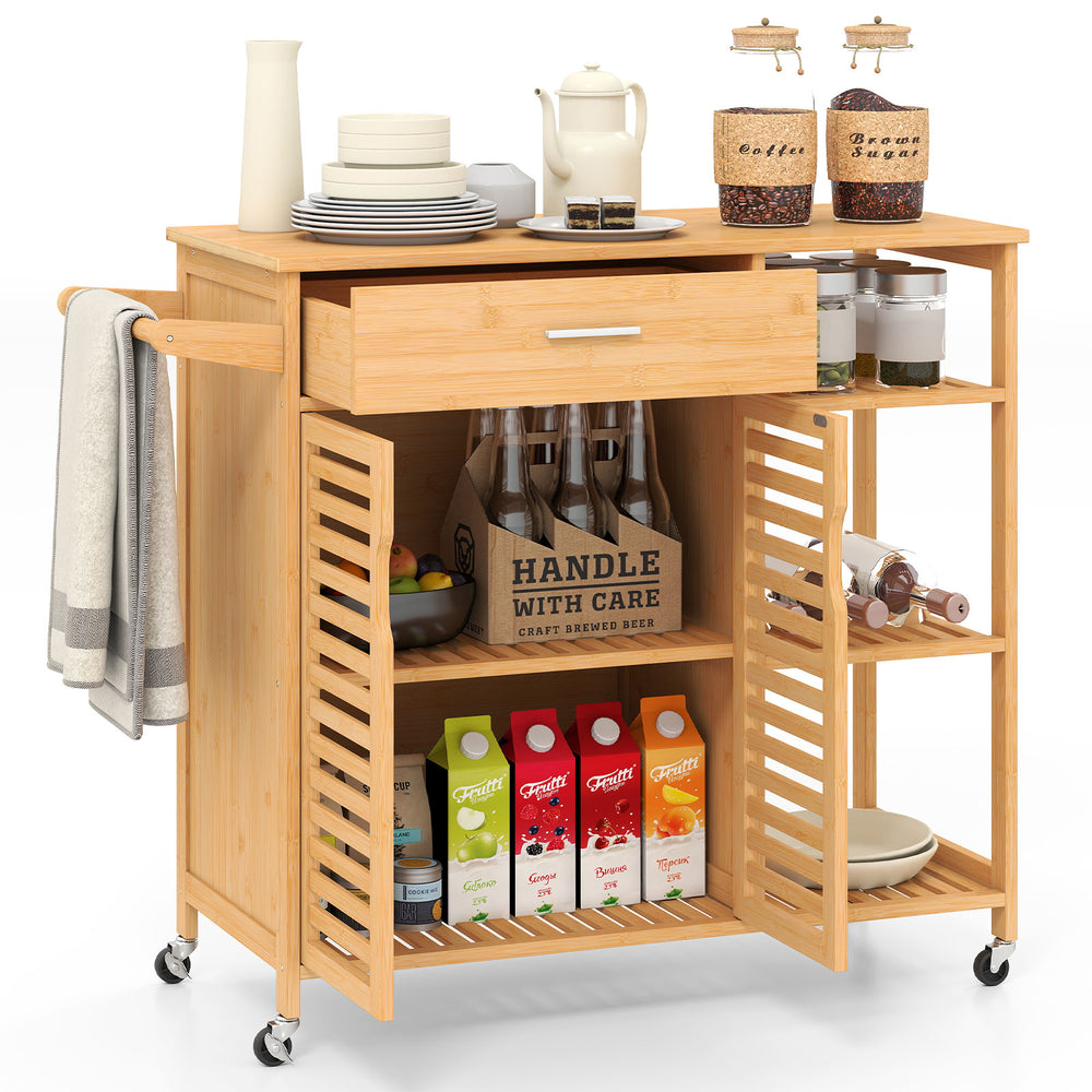 Kitchen island cart on wheels with bamboo frame, featuring a spacious top, drawer, and shelves for versatile storage.