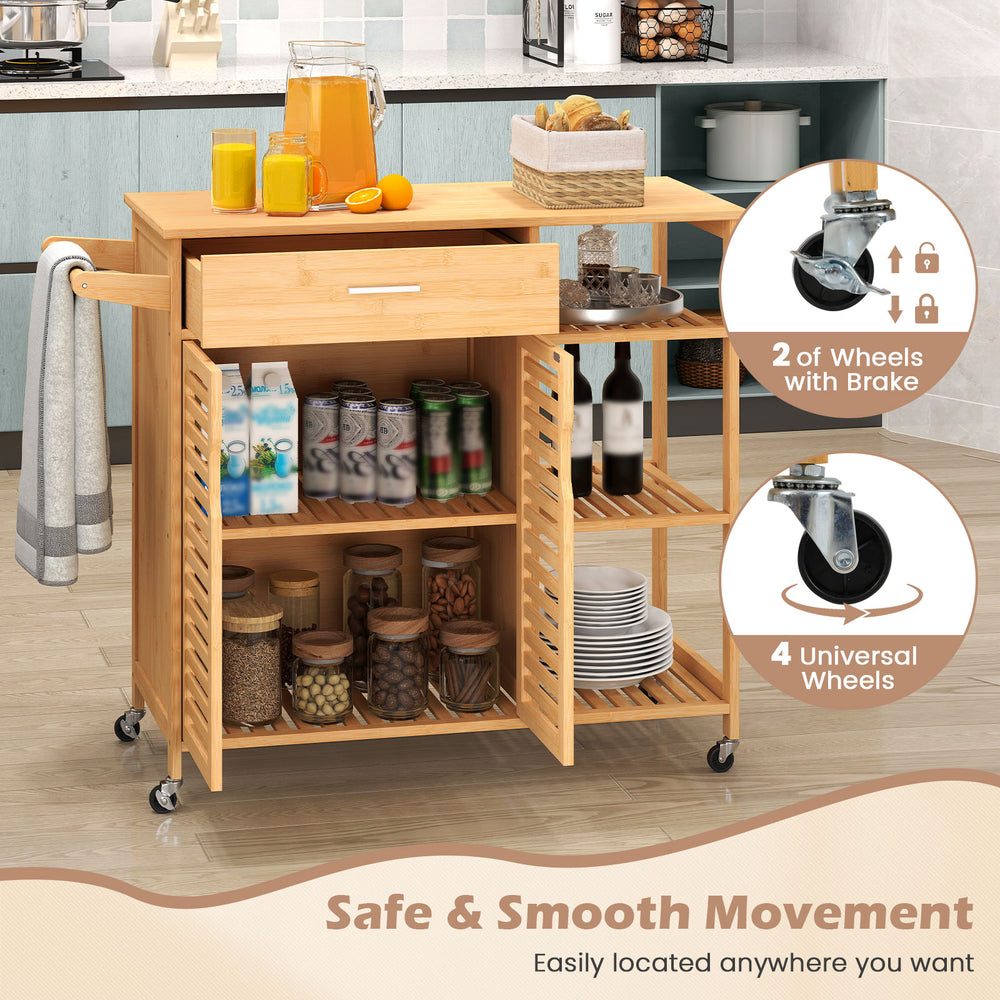 Kitchen island cart on wheels with bamboo frame, featuring spacious storage, lockable wheels, and towel rack for.
