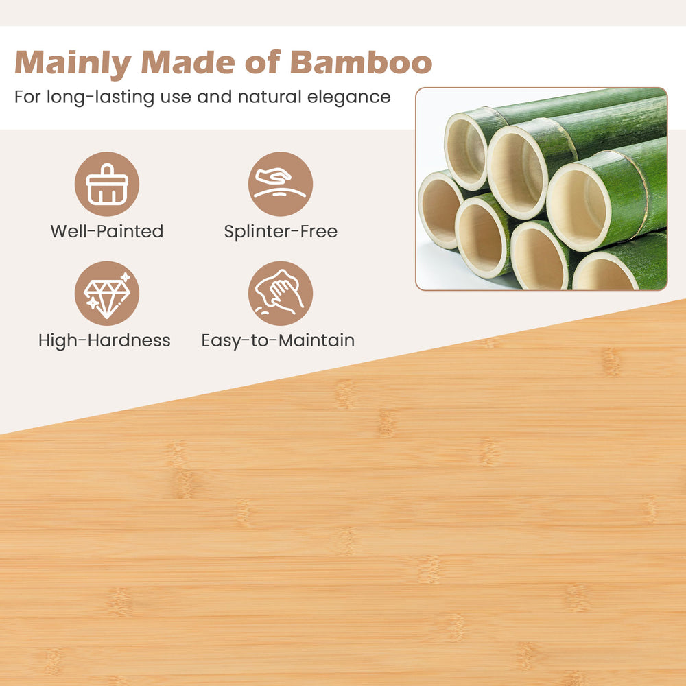 Bamboo kitchen island cart with wheels, featuring a spacious top, drawer, and splinter-free frame for versatile use.