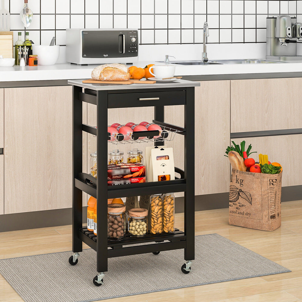 Kitchen Island Cart with Stainless Steel Tabletop and Basket-Black - Gallery View 1 of 10