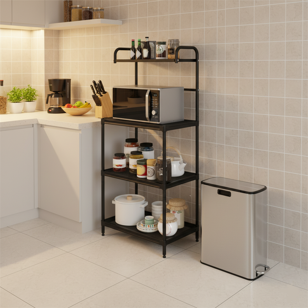 4-tier kitchen microwave storage rack with stainless steel trash can, maximizing space and organizing kitchen.