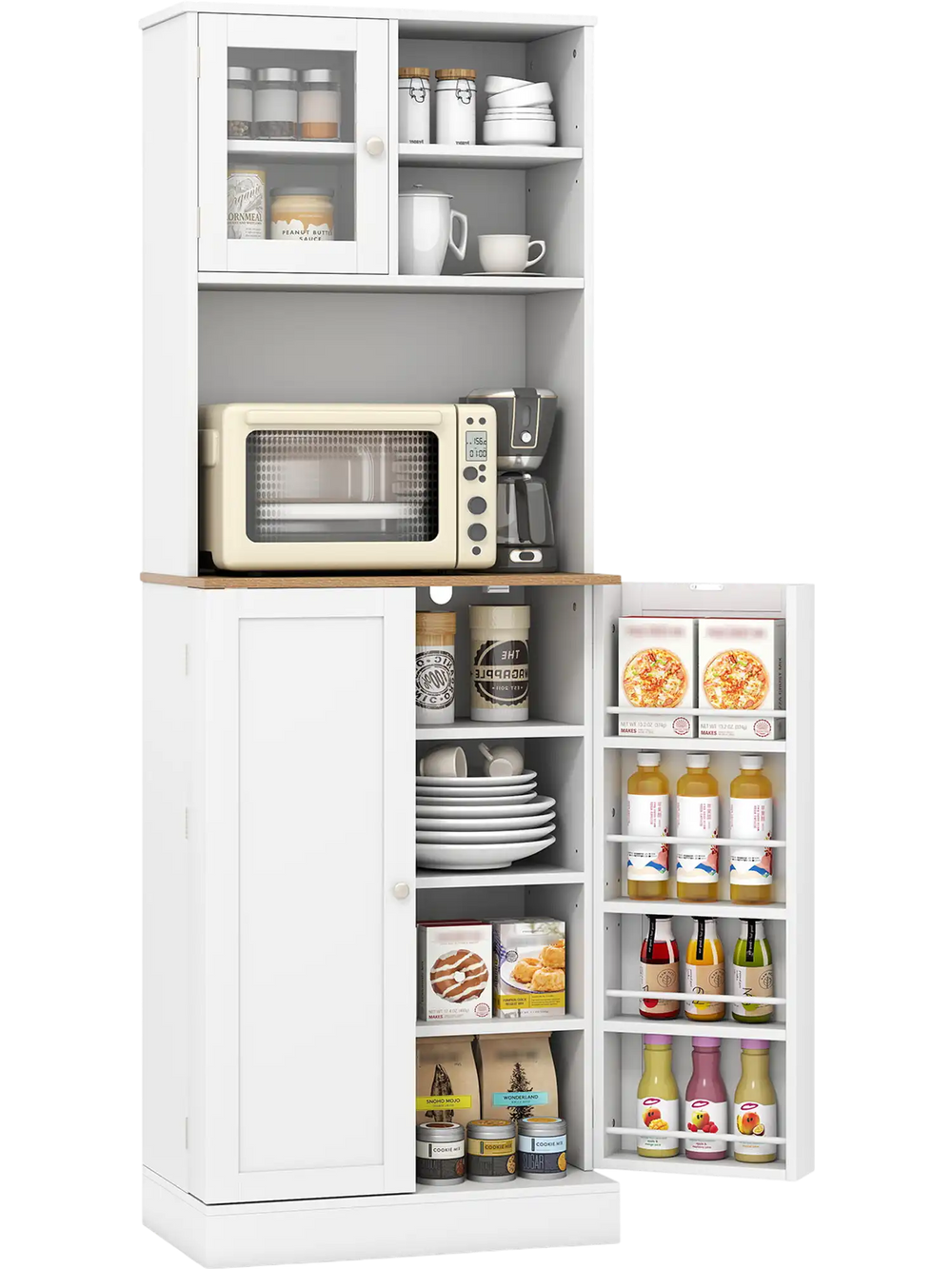 White kitchen pantry cabinet with 8 door shelves and a microwave shelf, ideal for storing snacks and beverages.