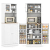 Freestanding white kitchen pantry cabinet featuring a microwave shelf and 8 door shelves for efficient kitchen.