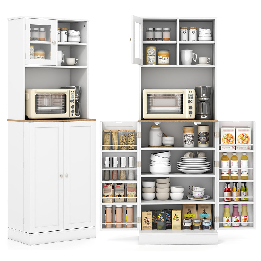 Freestanding white kitchen pantry cabinet featuring a microwave shelf and 8 door shelves for efficient kitchen.