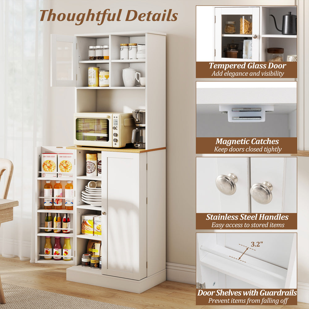 Freestanding 67-inch white kitchen pantry cabinet with tempered glass door and adjustable shelves for organized storage.