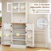 Freestanding tall kitchen pantry cabinet with five adjustable shelves and microwave shelf for organized storage.