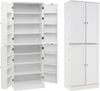 Freestanding tall white kitchen pantry cabinet with 8 compartments, 16 door shelves, and adjustable shelves for versatile storage.