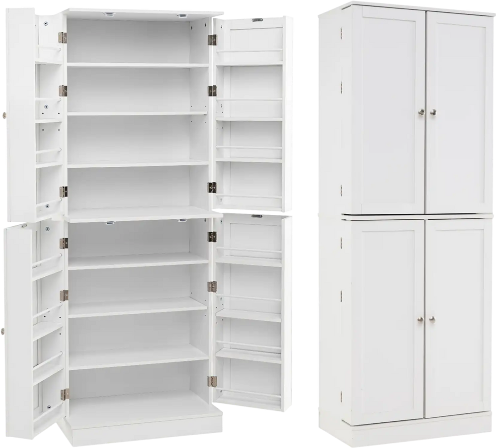 Freestanding tall white kitchen pantry cabinet with 8 compartments, 16 door shelves, and adjustable shelves for versatile storage.