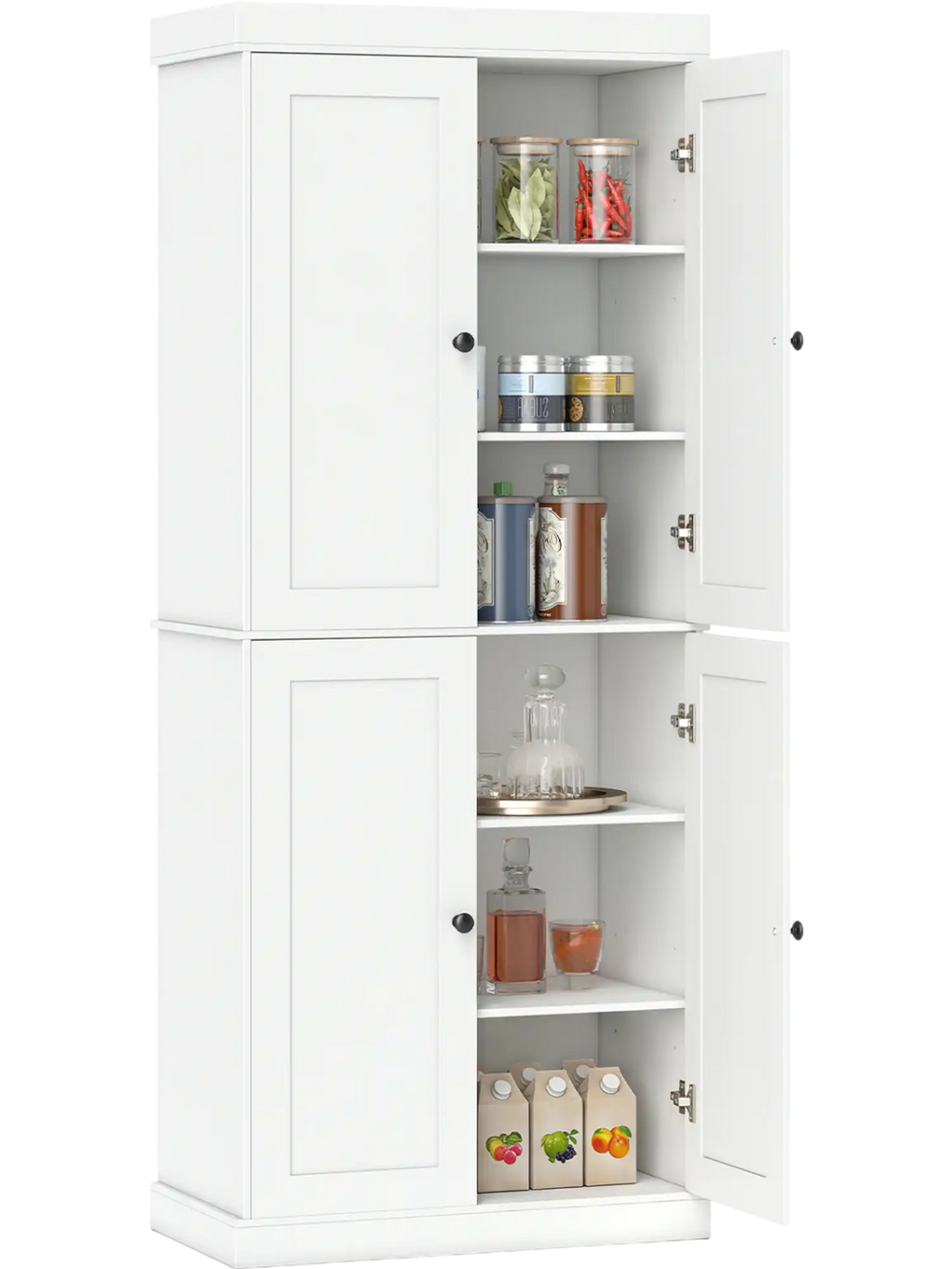 White kitchen pantry cabinet with two adjustable shelves, ideal for storing kitchen essentials in various living spaces.