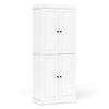White kitchen pantry cabinet featuring two adjustable shelves, anti-tipping kits, and ample storage for various essentials.