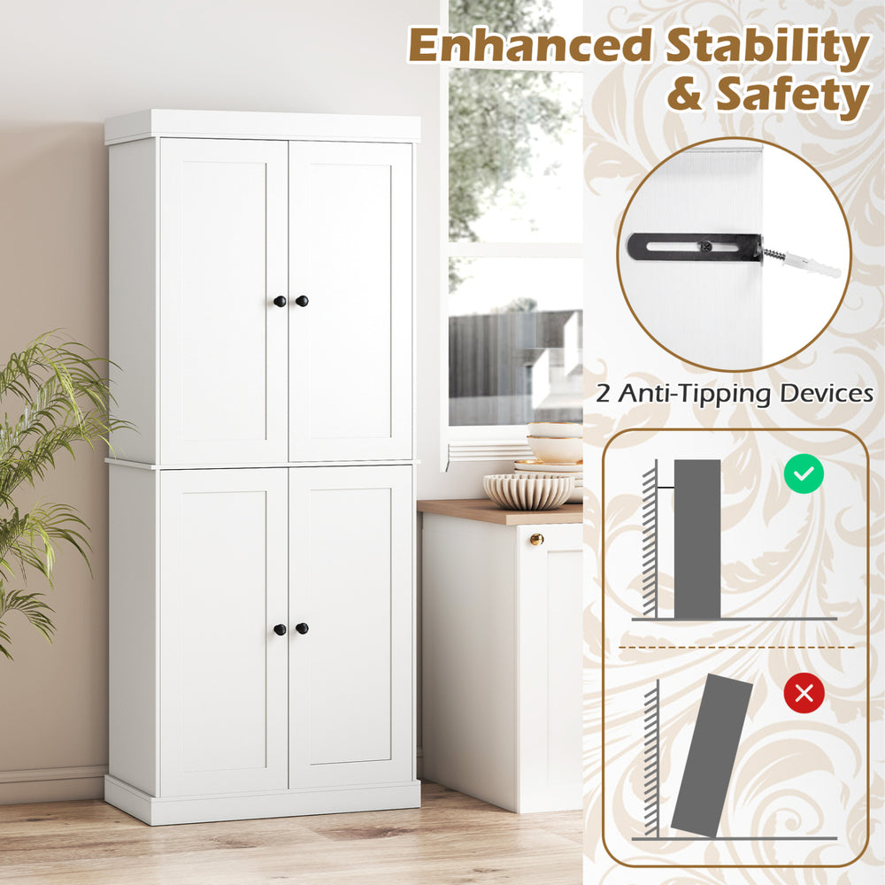 White kitchen pantry cabinet featuring two adjustable shelves and anti-tipping kits, ideal for versatile storage solutions.