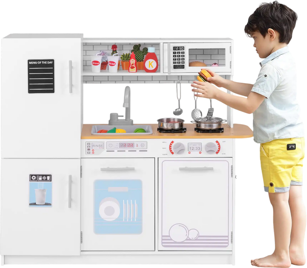 Toddler pretend play kitchen toy in white with stove, sink, and cookware set for imaginative cooking fun.