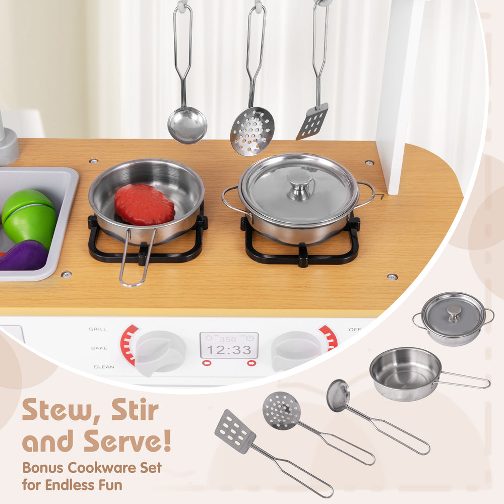 Toddler pretend play kitchen toy with stove, stainless steel cookware set, and realistic cooking features for.