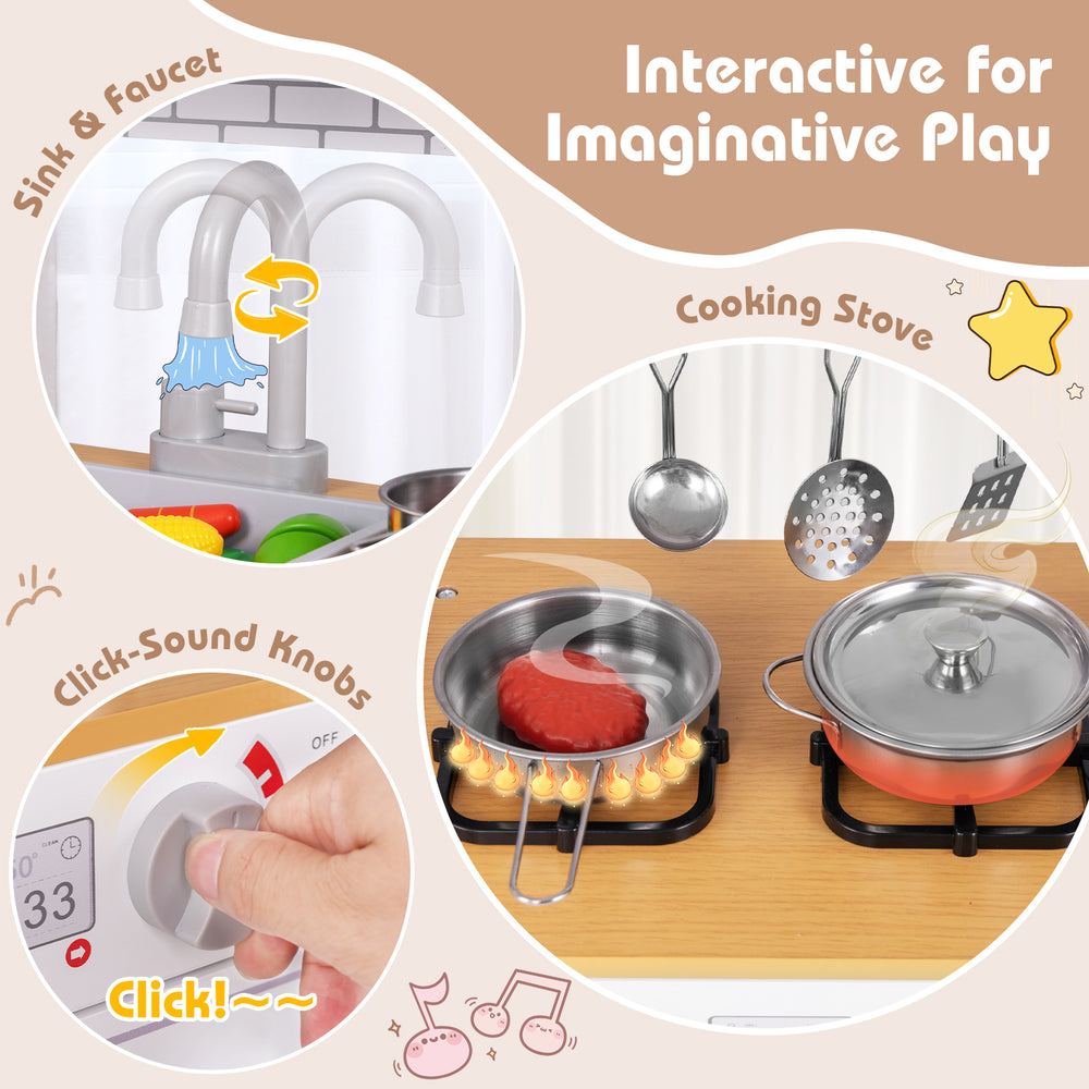 Toddler pretend play kitchen toy featuring a cooking stove, sink, and click-sound knobs for imaginative meal making.