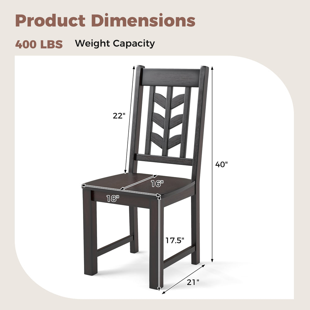Product dimensions of a rustic brown kitchen side dining chair with rubber wood frame, featuring a 400 lbs weight.