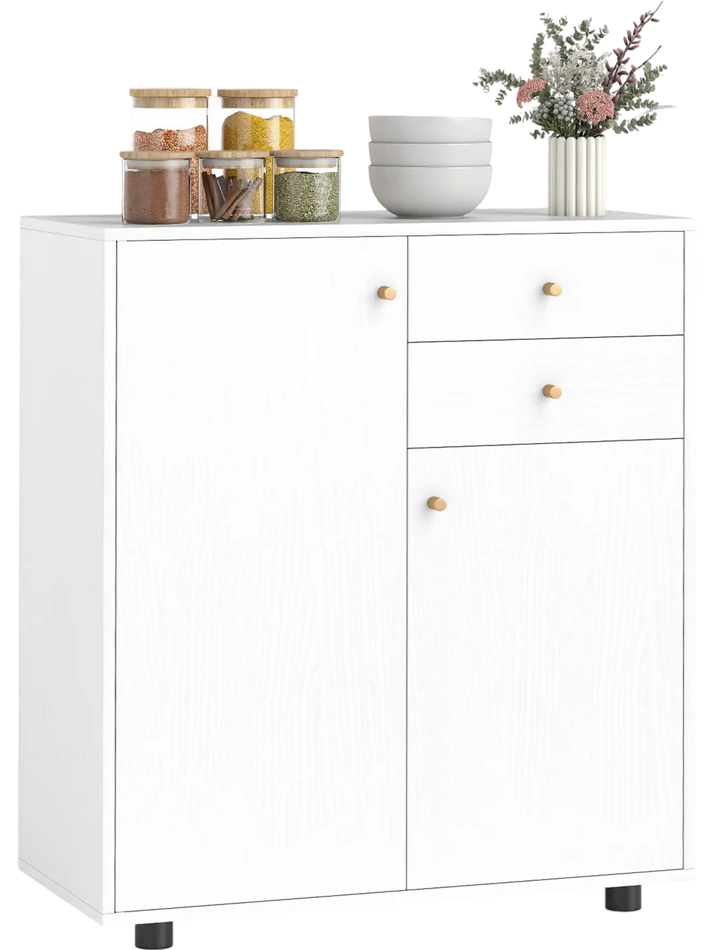White kitchen sideboard buffet cabinet with a practical countertop, perfect for organizing kitchen essentials and decor.