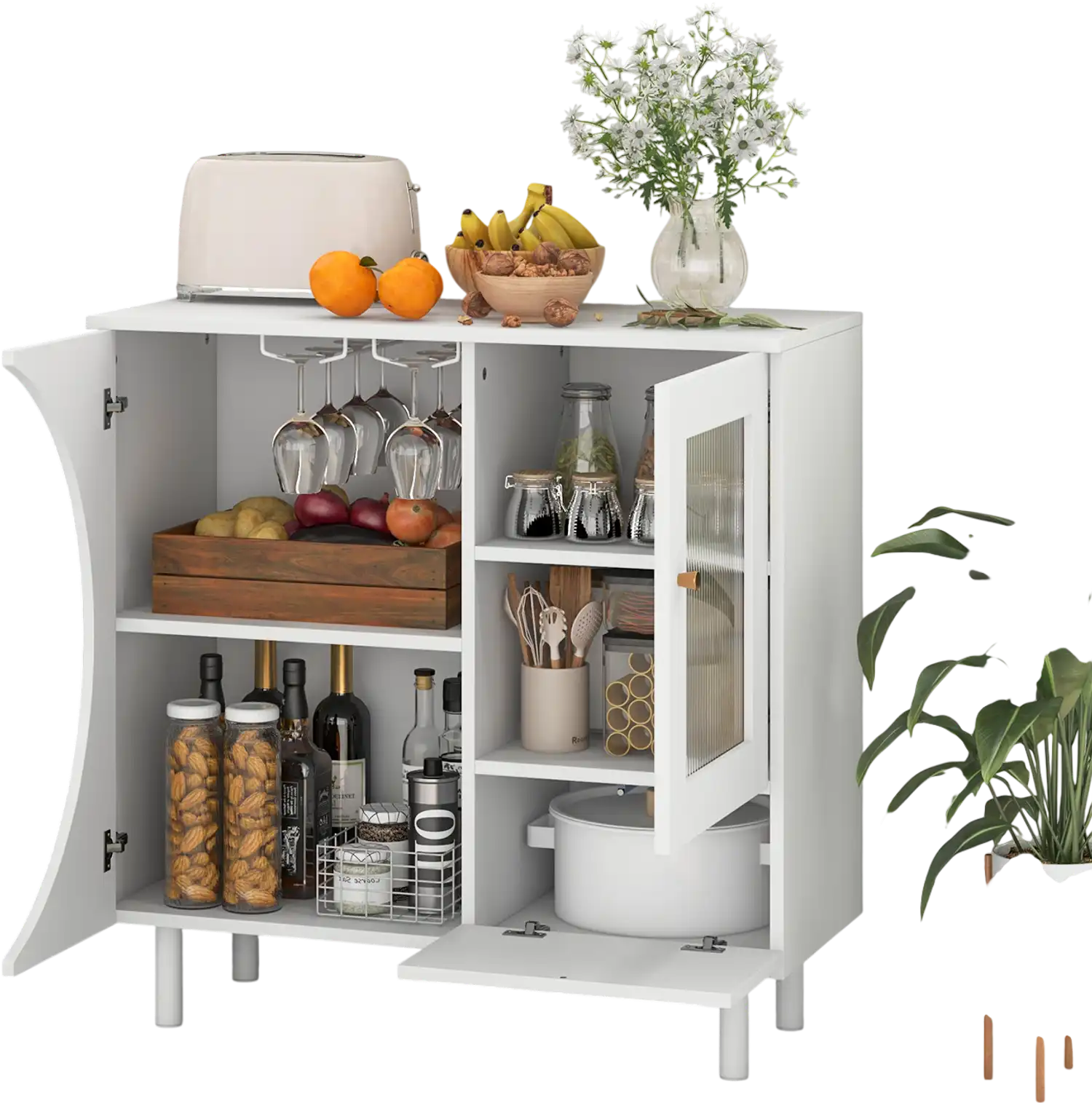 Costway Kitchen Sideboard Cabinet w/ Glass Holder White 21983657 New