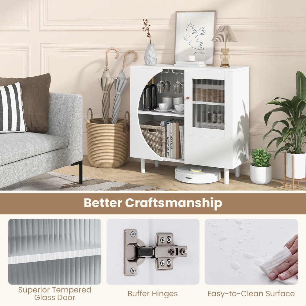 Kitchen sideboard in white featuring a glass door, double-row wine glass holder, and ample storage for dining.