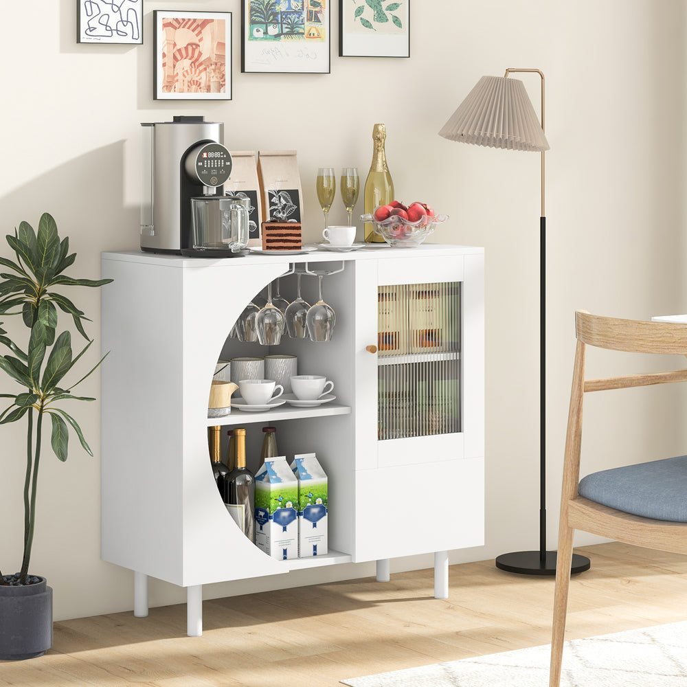 White kitchen sideboard with glasses holder, featuring a tempered glass door and ample storage for dining essentials.
