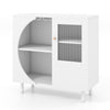 White kitchen sideboard featuring a double row wine glass rack and tempered glass door, ideal for dining room storage.