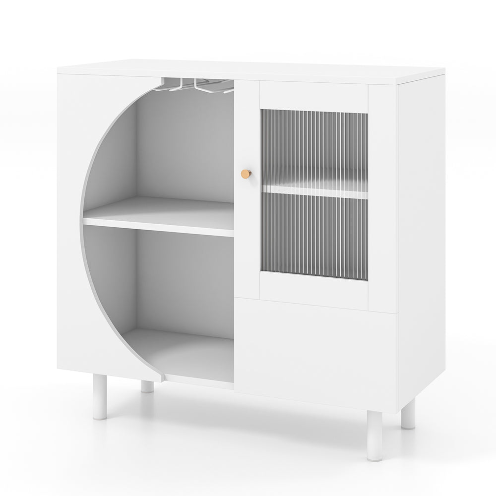 White kitchen sideboard featuring a double row wine glass rack and tempered glass door, ideal for dining room storage.