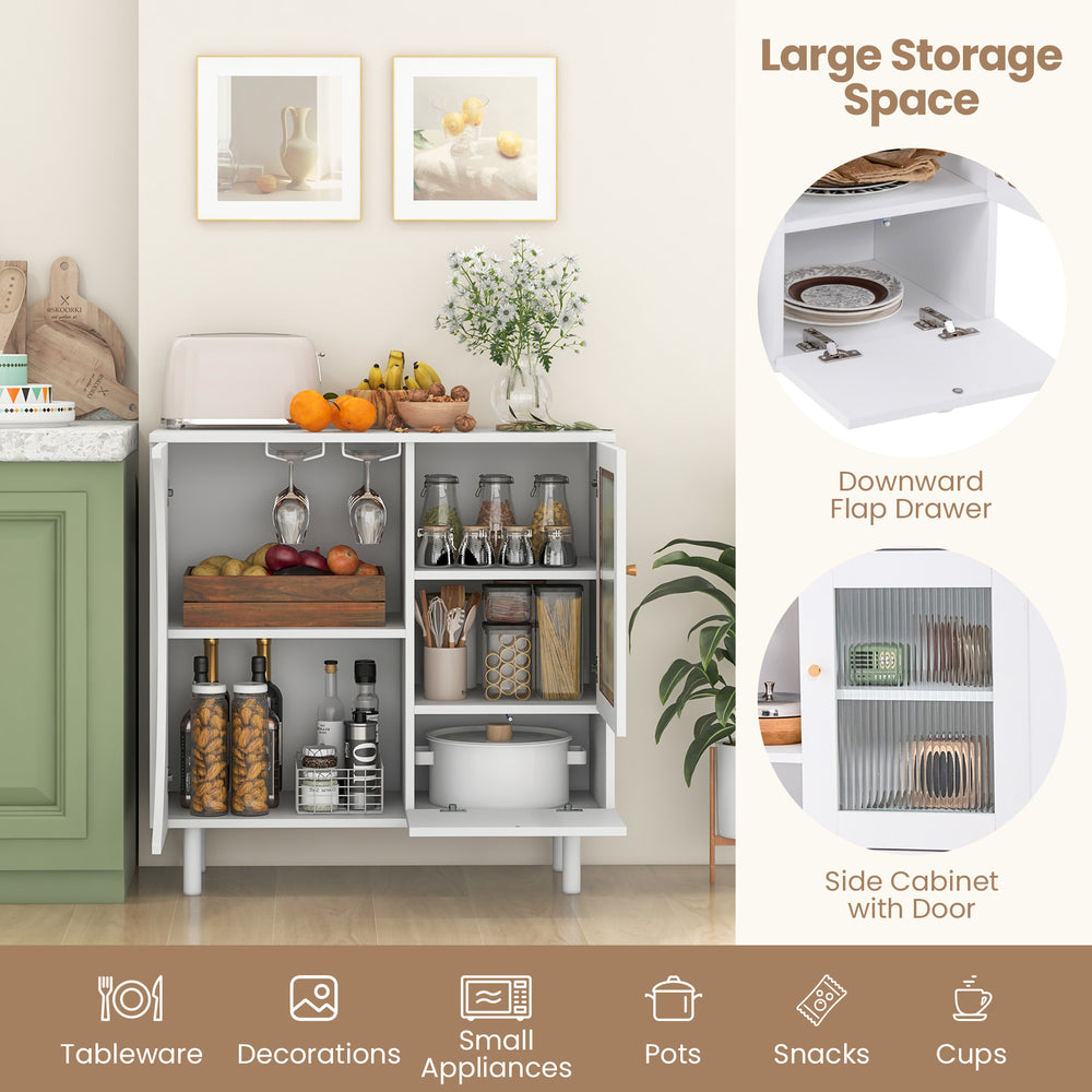 Kitchen sideboard in white featuring a double row wine glass rack and ample storage for tableware and small appliances.