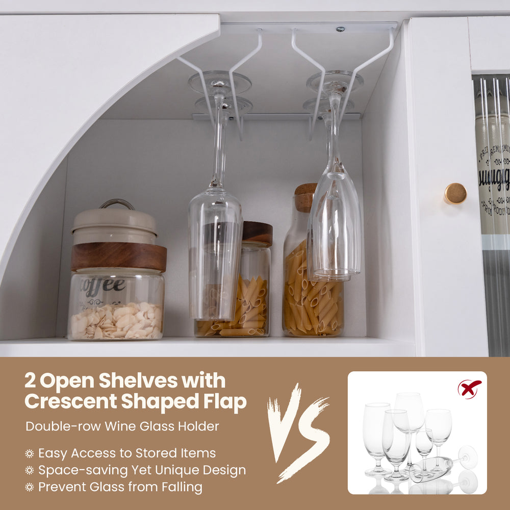 Kitchen sideboard with double-row wine glass holder, white finish, featuring open shelves for easy access and storage.