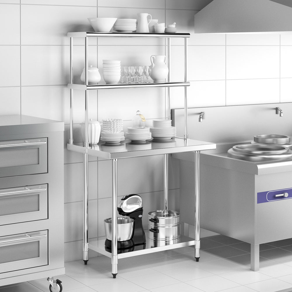 Stainless steel overshelf with adjustable lower shelf, featuring a durable 36 x 12 inch design for kitchen organization.