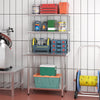 Stainless steel overshelf with adjustable lower shelf, featuring storage for tools and supplies in a kitchen setting.