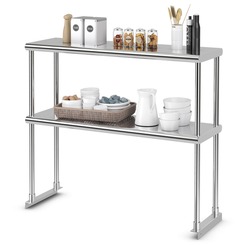 Stainless steel overshelf with adjustable lower shelf, featuring kitchen essentials and a sleek design for versatile.