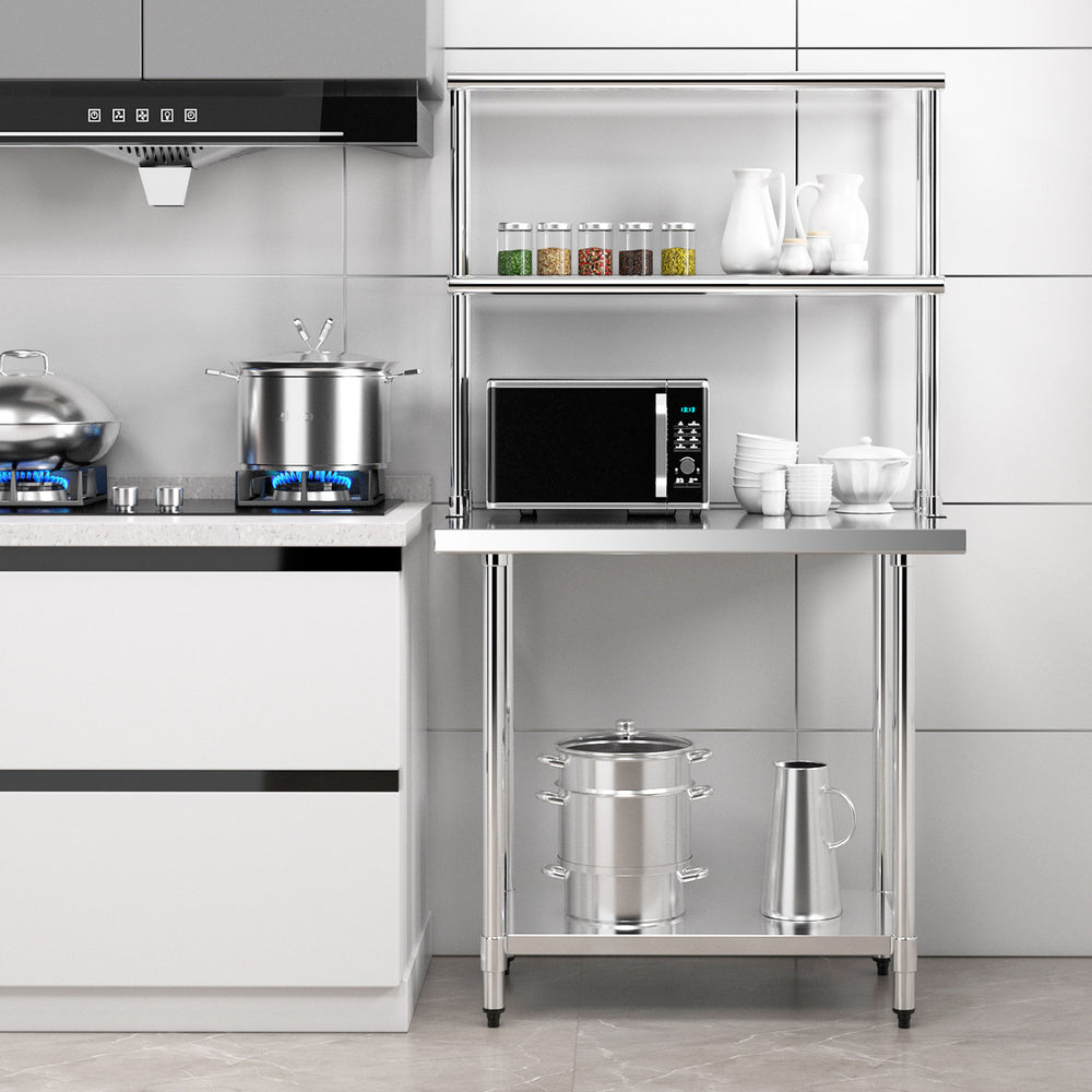 Stainless steel overshelf with adjustable lower shelf, ideal for kitchen organization and durability.