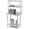 Stainless steel overshelf with adjustable lower shelf, featuring a microwave and kitchenware for versatile storage.