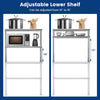 Stainless steel kitchen overshelf with adjustable lower shelf, shown at 10-inch and 15-inch heights for versatile.