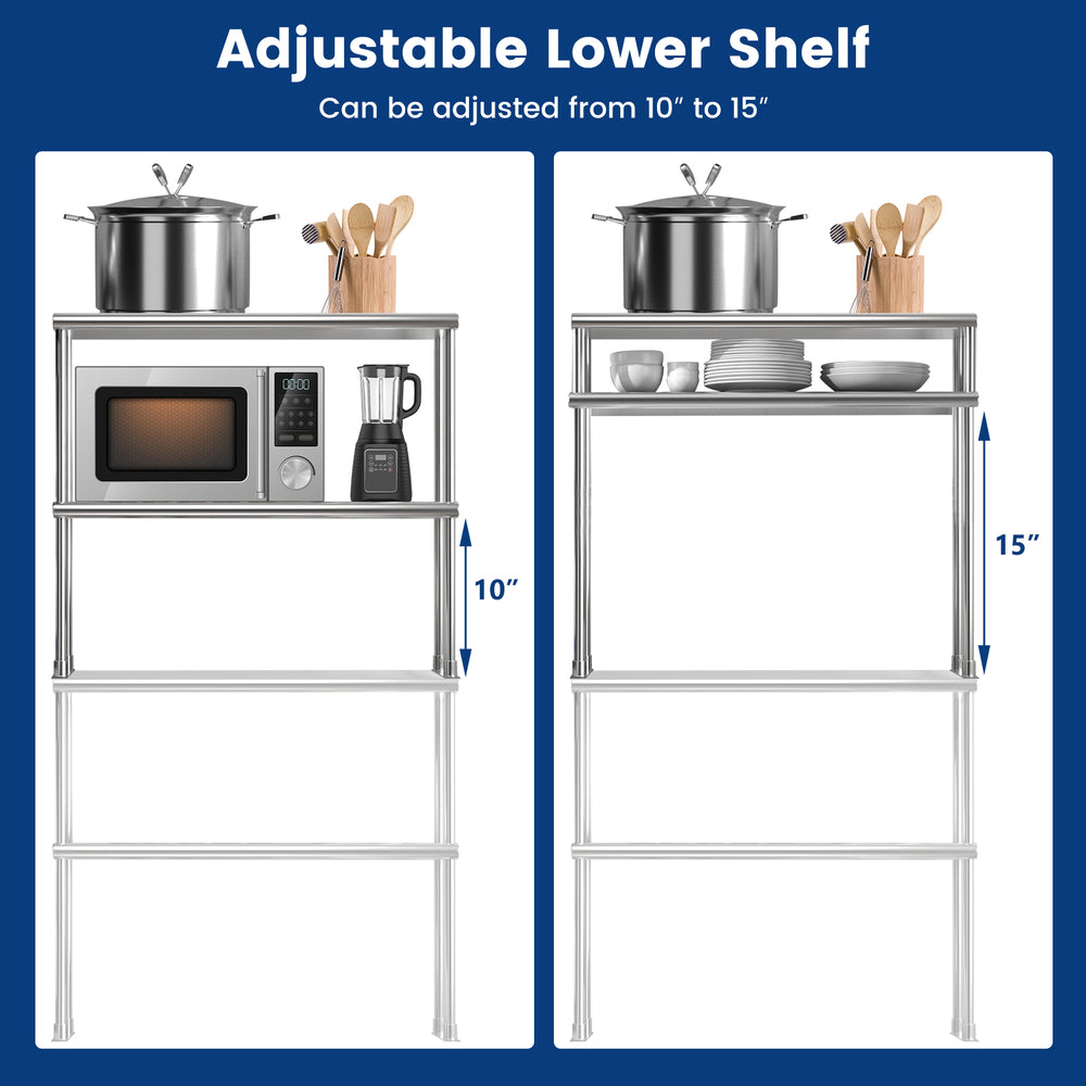 Stainless steel kitchen overshelf with adjustable lower shelf, shown at 10-inch and 15-inch heights for versatile.