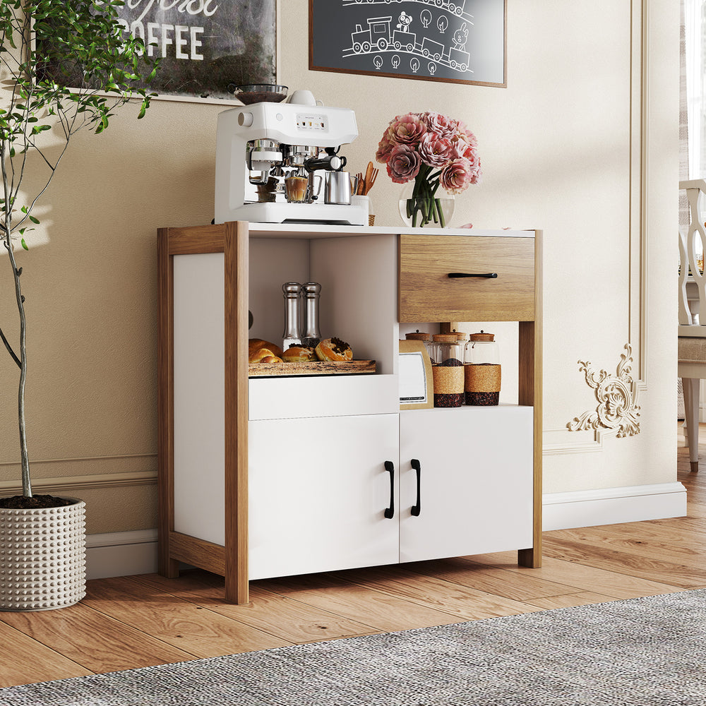 Kitchen storage cabinet in white with pull-out shelf, drawer, and 2 doors, ideal for organizing kitchen essentials.