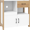 White kitchen storage cabinet featuring a pull-out shelf, drawer, and two doors for organized storage and display.