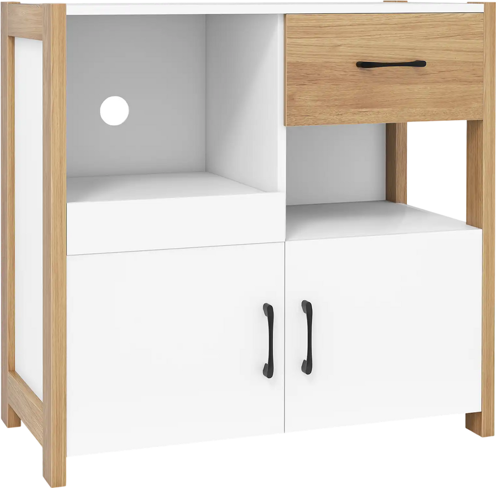 White kitchen storage cabinet featuring a pull-out shelf, drawer, and two doors for organized storage and display.