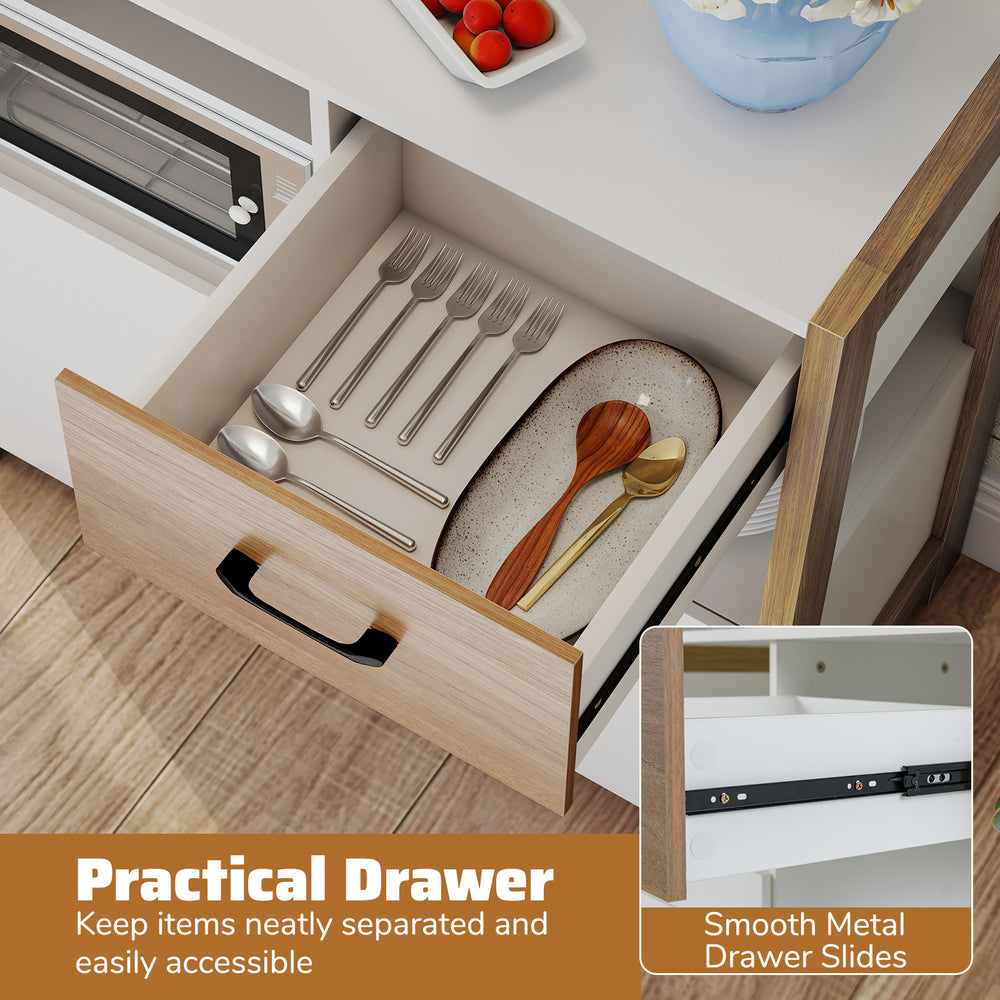 Practical drawer of a white kitchen storage cabinet, featuring metal slides for smooth opening and organized utensil.