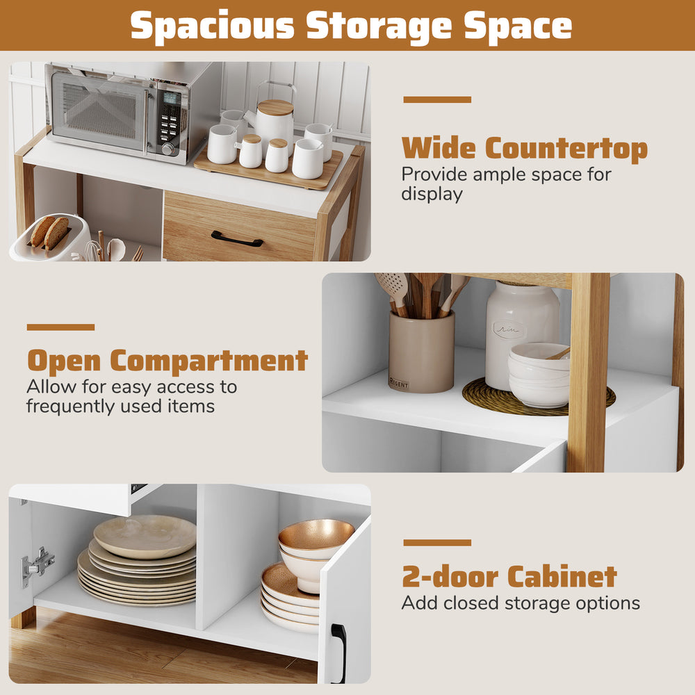 Kitchen storage cabinet with pull-out shelf, 2 doors, and wide countertop for organization and display in white finish.