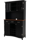 Black kitchen storage cabinet with wine rack, drawers, and glass doors, perfect for dining room or kitchen organization.