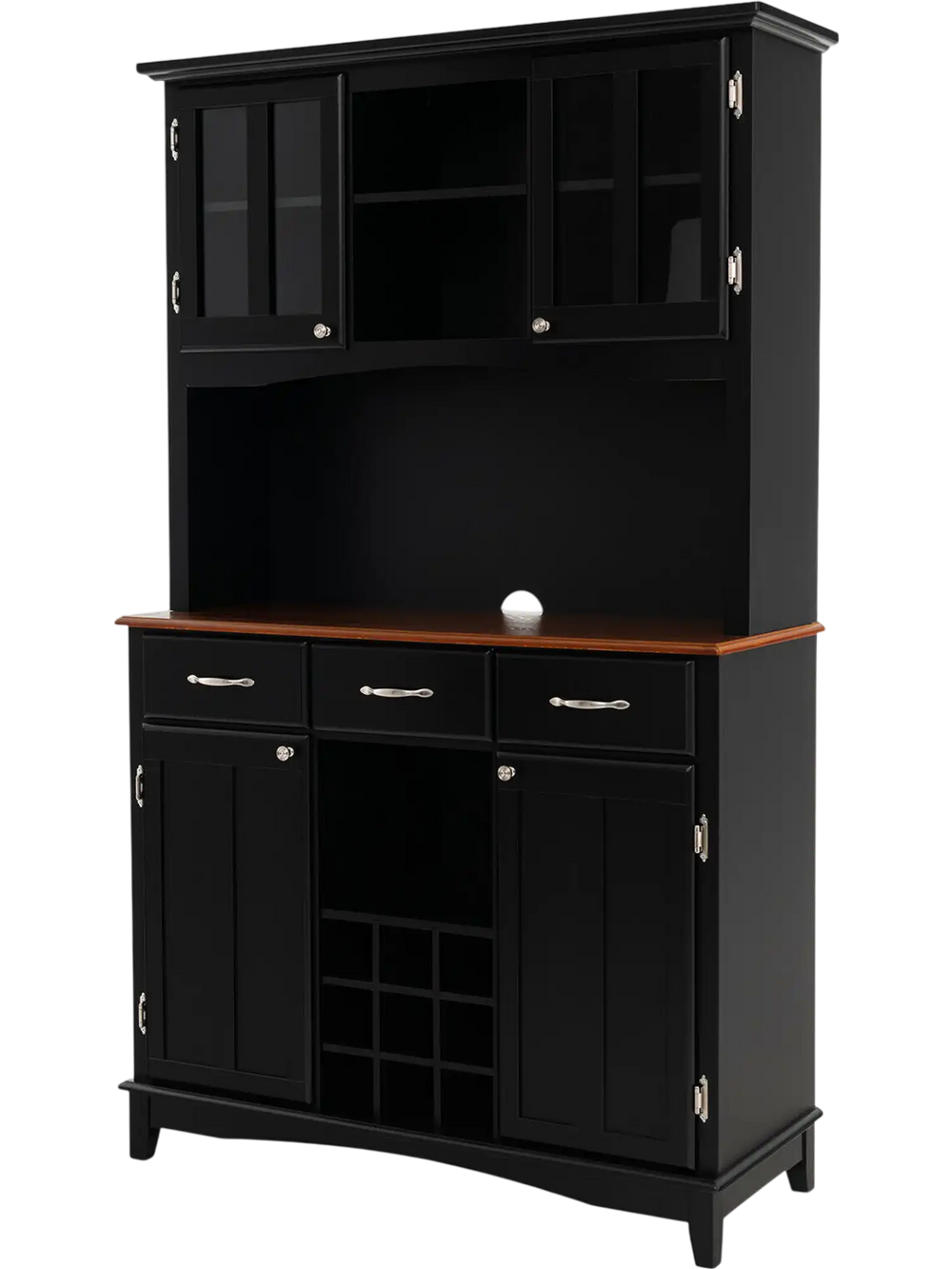 Black kitchen storage cabinet with wine rack, drawers, and glass doors, perfect for dining room or kitchen organization.