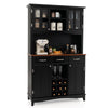 Black kitchen storage cabinet with wine rack, glass doors, and drawers, ideal for dining room or kitchen organization.