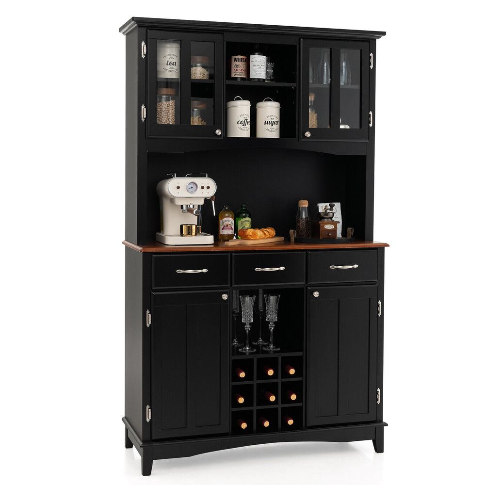 Black kitchen storage cabinet with wine rack, glass doors, and drawers, ideal for dining room or kitchen organization.