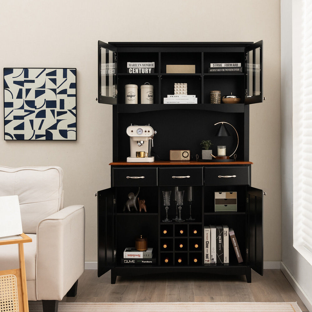 Black kitchen storage cabinet with wine rack, glass doors, and drawers, perfect for dining room or office organization.