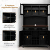 Kitchen storage cabinet in black with adjustable shelves, wine rack, and drawers for versatile organization and style.