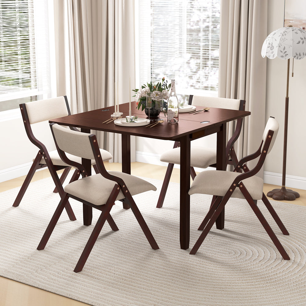 Expandable kitchen table set with two upholstered folding chairs, featuring solid rubber wood legs and soft-padded.