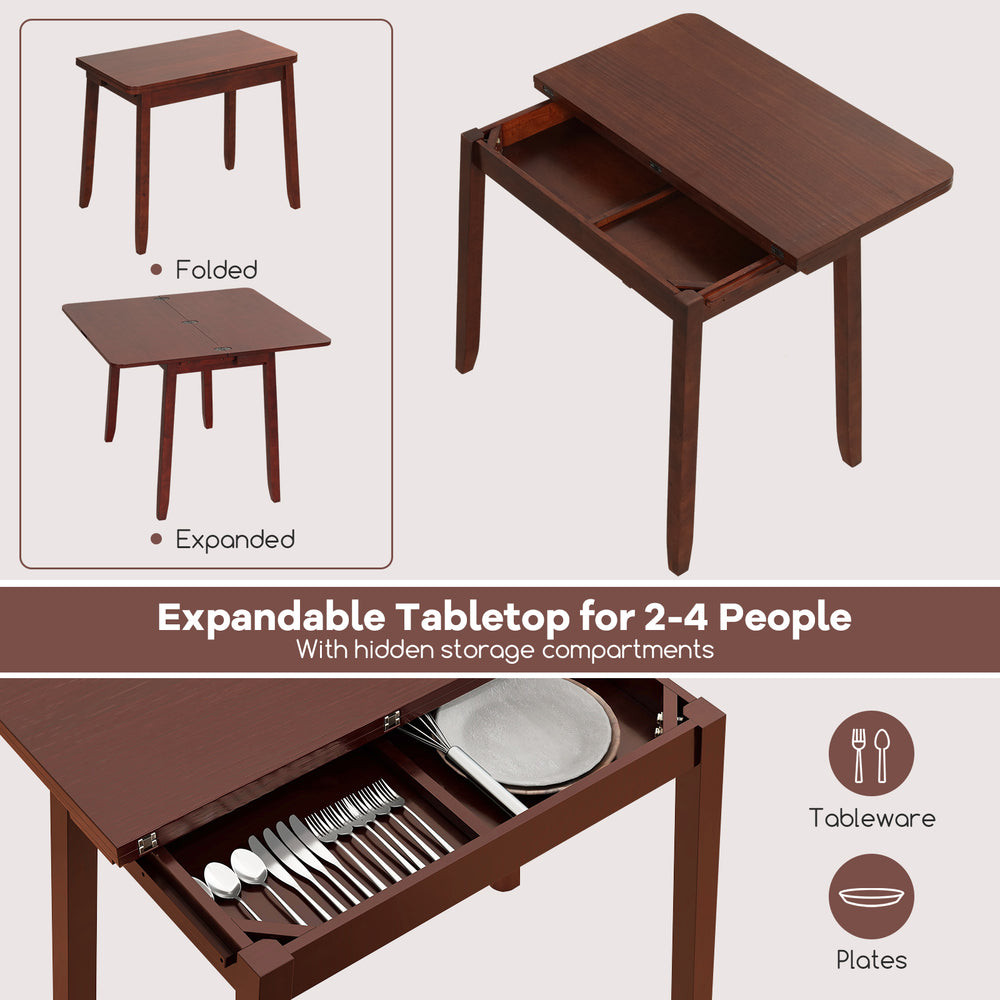 Expandable dining table with hidden storage, suitable for 2-4 people, featuring solid rubber wood legs and foldable.