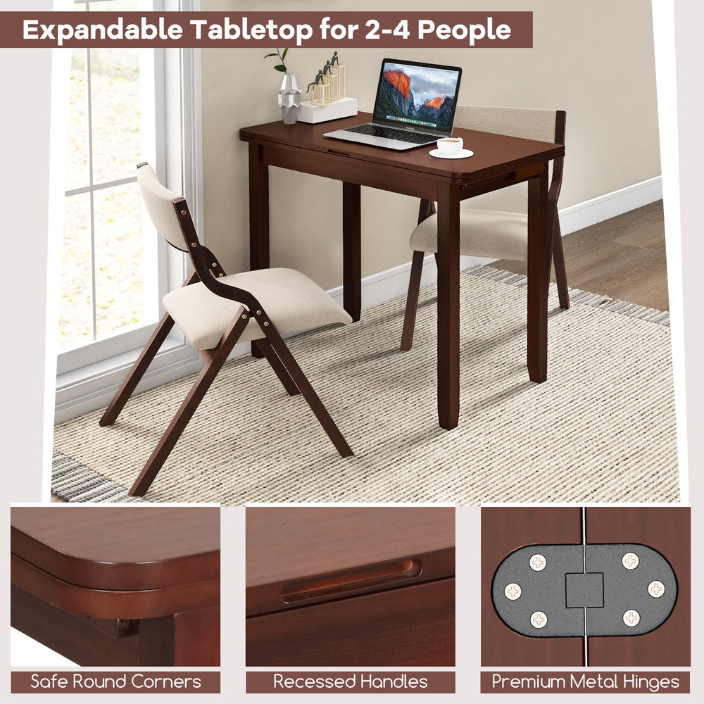 Expandable dining table set with two upholstered folding chairs, featuring safe round corners and premium metal hinges.