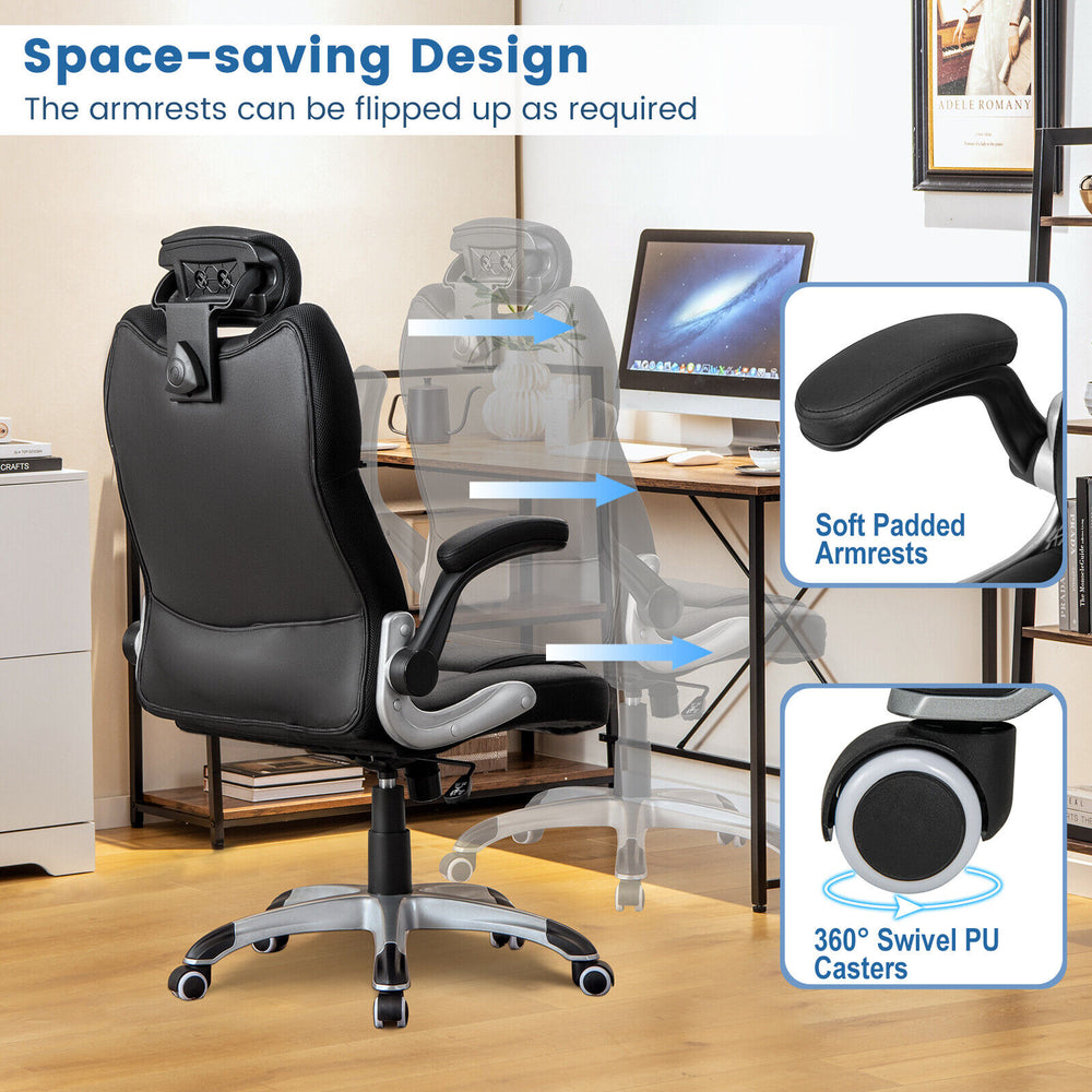 Kneading massage office chair in black with adjustable headrest and flip-up armrests for space-saving convenience.
