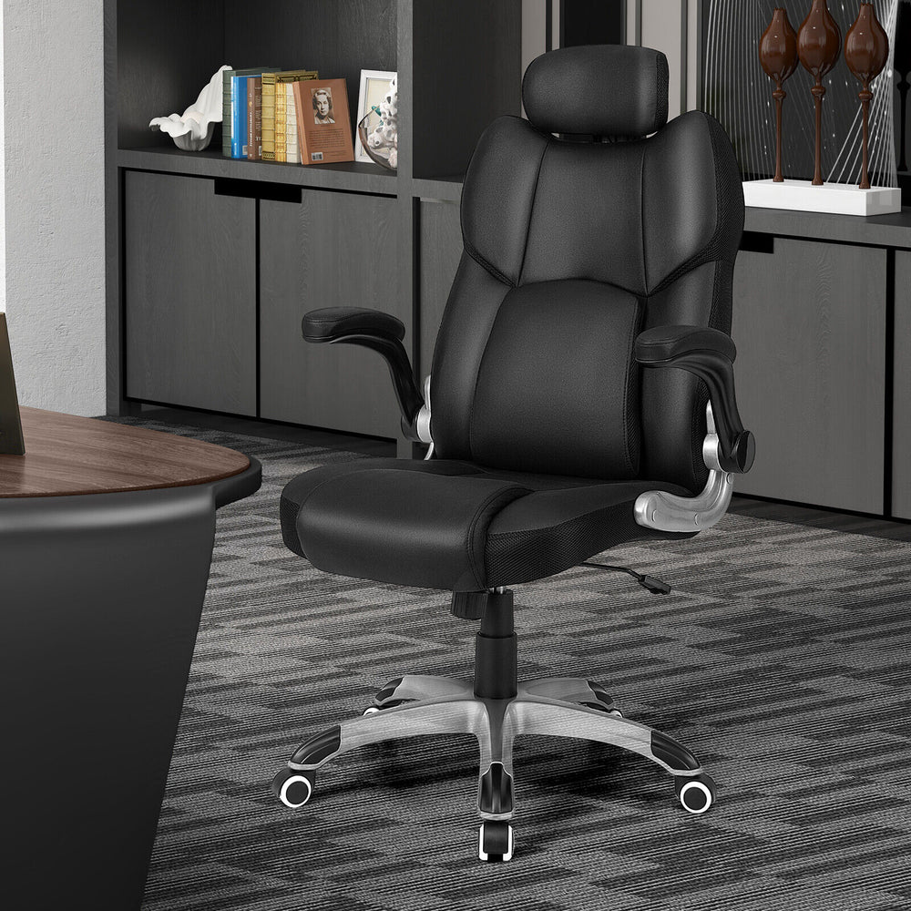 Kneading massage office chair in black with adjustable headrest, padded armrests, and 360° swivel for comfort.
